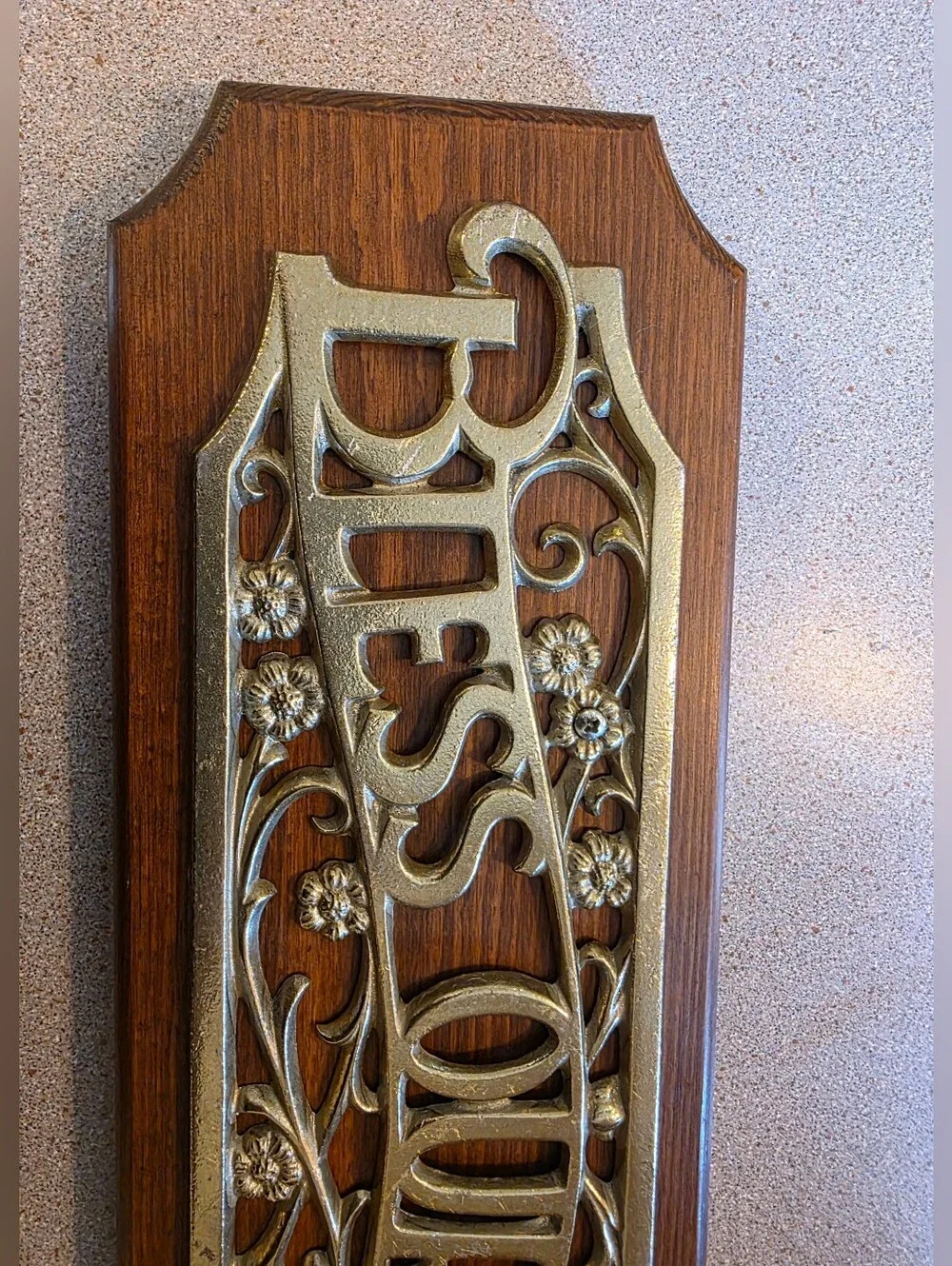Vintage Bless Our Home Wall Sign with Gold Script on Wooden Plaque